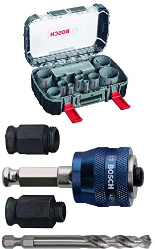 Bosch Professional 17 pièces Scie-trépan HSS bimétal Set (pour divers matériaux, Ø 20–74 mm) + 4 pièces Kit de démarrage Power Change Plus