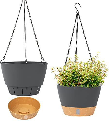 QCQHDU Lot de 2 Pots de Fleurs à Suspendre pour intérieur et extérieur avec Trou de Drainage et 3 Crochets - 20 cm - Gris