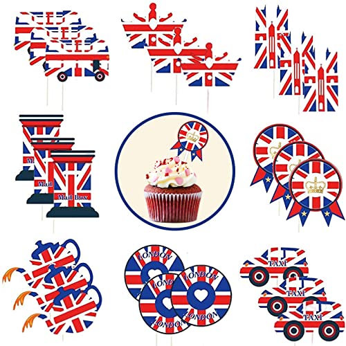 24pcs Union Jack Flag Cupcake Toppers, VE Day 80th Anniversary Cake Decorations with Cocktail Sticks, Union Jack British Party,UK Toothpick Flags Cake Decoration VE Day 80th Anniversary Decorations