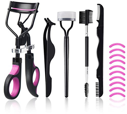 Wimpernzange Kit für Frauen inklusive Wimpernzange, Wimpernbürste, Wimpernverlängerungspinzette, Augenbrauenbürste und Kamm, Silikon-Nachfüllpads für natürliche Wimpern