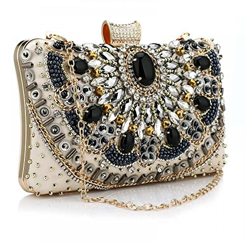 Milky Way Womens Beaded Clutch Bag Party Prom Evening Wedding Clutch Bag Purse, Ladies Shoulder Bag Crossbody Bag with Chain Strap Evening Handbag (Gold)