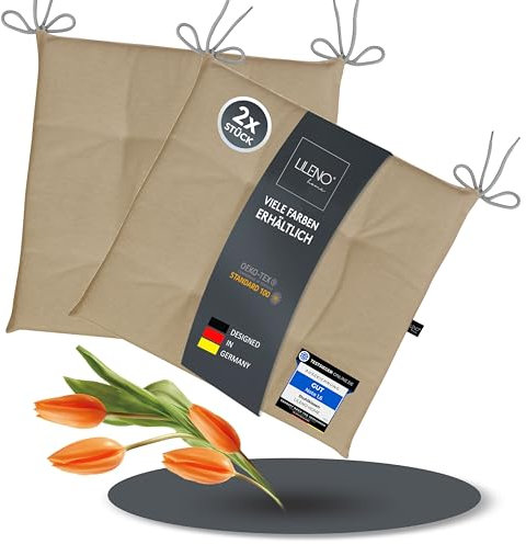 LILENO HOME 2er Set Stuhlkissen Hellbraun (40x40x4,5 cm) - Sitzkissen für Gartenstuhl, Küche oder Esszimmerstuhl - UV-beständige Indoor u. Outdoor Stuhlauflage als Stuhl Kissen (Laura FUM)