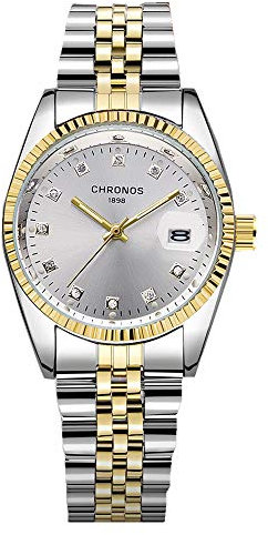 YUEYUEKE Herren-Armbanduhr, Diamanten-Design, 30M wasserdicht,Datum analoge Quarz-Armbanduhr,Edelstahl Business-Casual-Armbanduhr für Herren (Gold Silber)