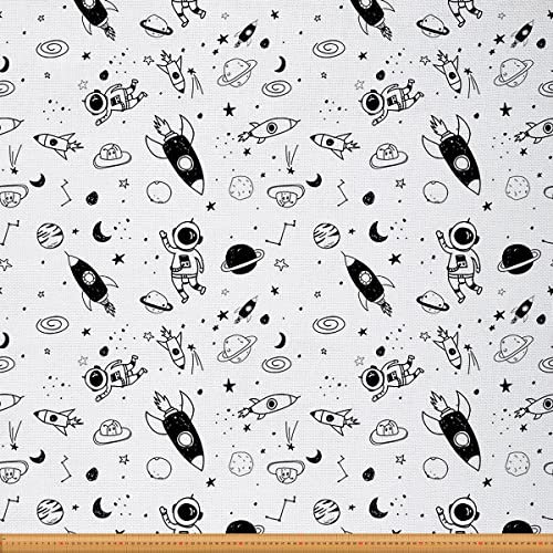 Weltraum Stoff Meterware Kosmischer Astronauten Polsterstoff Karikatur Universum Raketen Dekostoff Stern Mond Sonne Stoff Drinnen Draußen DIY Kunst Wasserdichter Stoff Schwarz Weiß 920 x 150 (HxB)