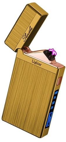 COMANYI Wiederaufladbares Feuerzeug USB Elektrisches Feuerzeug für Camping, Flammenlose Dual Arc Feuerzeuge mit LED Batterieanzeige für Männer (Gold)