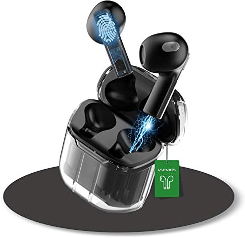 4smarts In Ear Kopfhörer Bluetooth [Schwarz Transparent] - 5.3 mit Noise Cancelling ENC u. HD Bass Mikrofon - True Wireless Kabellose (25 h) - SkyBuds Lucid, 4S540286