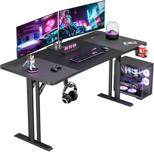 DLONGONE Gaming Desk 140 × 70 cm, Home Office Gamer Desk, Computer Table with Carbon Fiber Desktop, Ergonomic Office Workstation with Mouse Pad, Cup Holder & Headphone Hook, Black