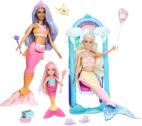Barbie Meerjungfrau Spielset mit 3 Puppen Zubehör – Dreamtopia Meerjungfrauen, Delphin, Zauberstäbe, Aufkleber, Prinzessinnenstuhl und mehr