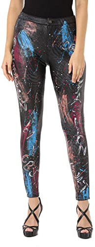 Cipo & Baxx Damen Röhrenhose Print-Design Leder-Optik Pants WD487 Schwarz W30