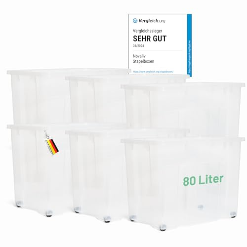 Novaliv 6x XXL Aufbewahrungsboxen ohne Deckel Groß 80L transparente nestbar stapelbar Rollboxen Kunststoff BPA-frei 59x39x44 cm