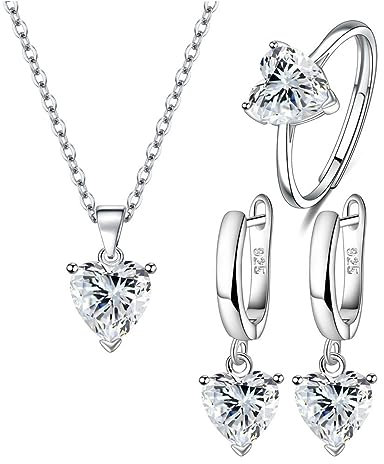 TOEECY Herz Schmuckset für Damen und Mädchen Kristalle 925 Silber Versilbert Anhänger Halskette Ohrringe Ringe Set Zirkonia Geschenk für Hochzeitstag(Weiß)