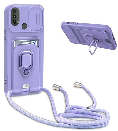 BGHHEU Handykette Schutzhülle kompatibel mit Samsung Galaxy A10S Handyhülle mit Band,Schiebe Kameraschutz,360 Grad Ringhalter Stand,Kartenfach,Verstellbarer Halskette Silikon hülle - Violett