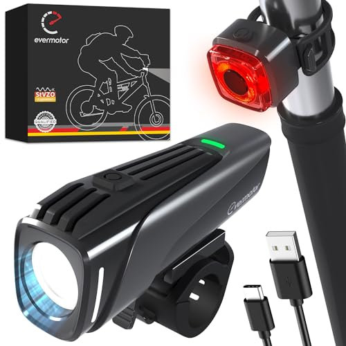 evermotor LED Fahrradlicht-Set mit StVZO-Zugelassen, 11h Akkulaufzeit Fahrradlampe Vorne +Rücklicht Fahrrad Blinker Super Hell Fahrradbeleuchtung Zubehör, USB-C Aufladbar, IPX5 Wasserdicht