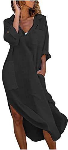 Maxi Shirt Dresses for Women UK Cotton Linen Shift Dress Long Sleeve V Neck Dresses Button Neck Tunic Beach Dresses Loose Summer Long Dresses Lapel Ruffleh Office Casual Dresses