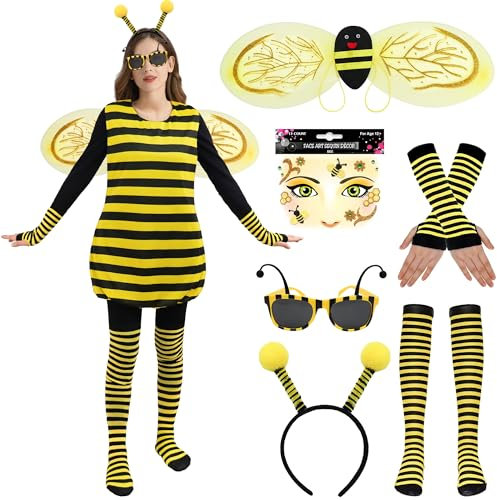 Firecos Bienenkostüm Damen Hummel Kostüm Tier Cosplay mit Flügeln Antenne Stirnband Sonnenbrille Handschuhe Socken für Karneval Party (Biene mit Aufkleber, L40-42)