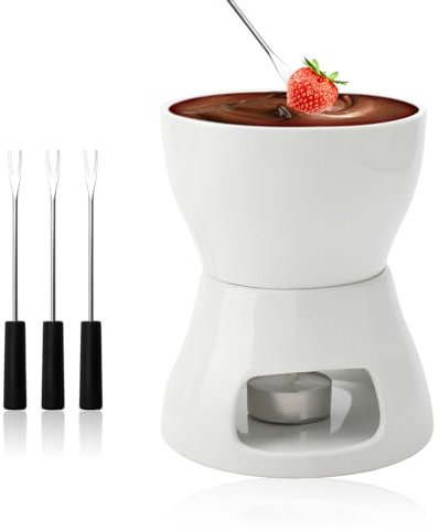 BRISKORE Keramik Fondueset Schokofondue Fondue Schokolade Schokoladenfondue, Keramikschale mit Teelichthalter und 4 Gabeln, Schoko Fondueset für Schokolade Käse Fondue Familienessen Nachtisch