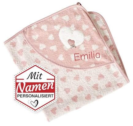 LALALO Sterntaler Kapuzenhandtuch Emmi Girl mit Namen Bestickt für Mädchen, Frottee Baby Badetuch Badehandtuch/Rosa Kinder-Badetuch mit Kapuze personalisiert (80x80, Herzen)