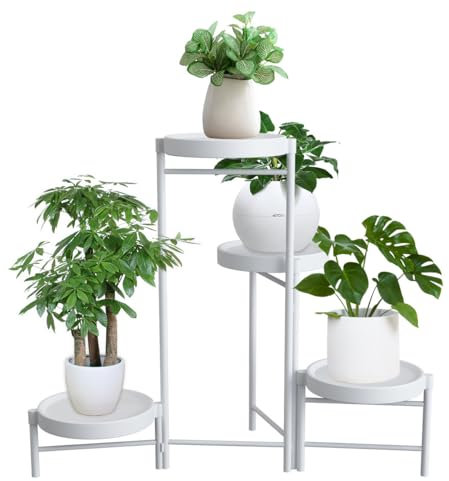 Uptyia Maceteros decorativos interior blanco de 4 niveles,soporte plantas interior ,soporte macetas interior plegable,giratorio,jardín, interior y exterior