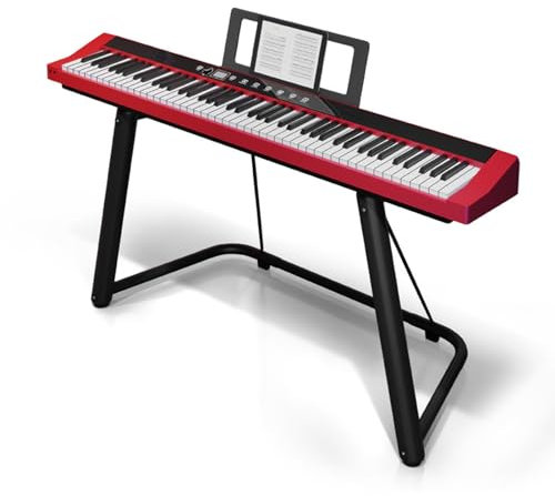 88 Key Digital Piano Keyboard With Hammer-Action Weighted Keys Electric Piano Bluetooth MIDI Connection Built-in HIFI Dual Speakers Include Stand, Sustain Pedal For Beginner, Professional(Red)