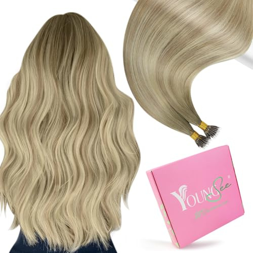 YoungSee Echthaar Extensions Nanoring Blond 55CM Nanoring Extensions Echthaar Dunkel Aschblond mit Platinblond Nano Hair Extension Nano Ringe Haare Remy 50g #SUN