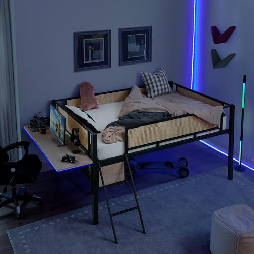Bellemave Full Loft Bed with Desk, Gaming mid loft Bed with Desk, LED, Low loft Bed for Adults, Teens, Kids, Full loft Bed with Storage Space, Black+Natural