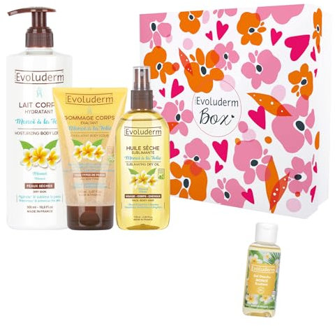 EVOLUDERM – Coffret Bain - Soins Corps - Monoï de Tahiti - 3 Produits + Gel Douche 100 ml OFFERT - Ingrédients d'Origine Naturelle - Végan - Idée Cadeau - Coffret cadeau (Rosèa)