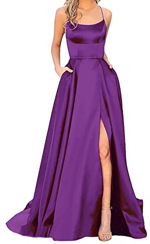 Generico Vestiti 18esimo Lungo Abiti da ballo da donna lunghi da donna eleganti abiti lunghi senza schienale con scollo all'americanaCrisn Satin Spaghetti Party Prom Dress spacco laterale (Purple, XL)