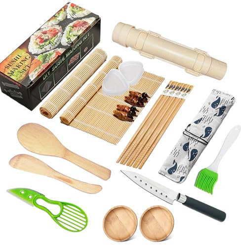 Kit complet de fabrication de sushis professionnel de 22 pièces avec rouleau à sushi, moule à onigiri, tapis à sushi en bambou, palette de riz, couteau à sushi, plats à sauce, guide et plus encore –