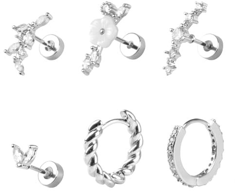 Maxmoc Helix Piercings Set, 6 Stück Ohrringe Silber, Ohrstecker Chirurgenstahl, Creolen Hypoallergen, Zirkonia Conch Piercing für Damen Mädchen Schmuck