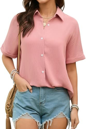 Stamain Women Blouse Short Sleeve Pink Shirts Button up Blouses for Women UK Summer Casual Loose Fit Ladies Shirts XL