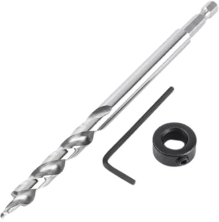 3/8 Lip and Spur Point Drill Bit with Adjustable Stop Collar and Tool for Pocket Hole Jigs 1/4 Hex