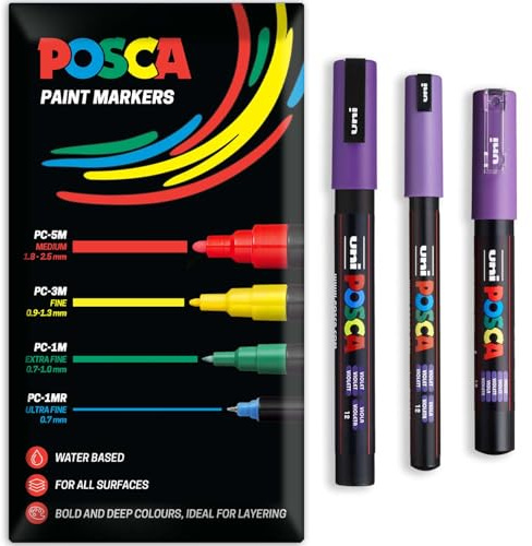 Posca Water Based Acrylic Paint Marker Pens | Multi Surface Use Permanent Paint Pen | Pack of 3 Pens in Envelope Gift Packaging | Glass Fabric Wood etc | PC-1MR, PC-1M, PC-3M, Violet