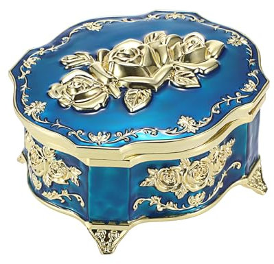 SUMTree Vintage Music Box Blau Schmuckbox Musical Jewelry Box Metall Keepsake Box Retro Spieldose Schmuckkästen Schmuckkiste für Ring Armband Ohrringe Damen Herren Geschenk Geburtstag Valentinstag