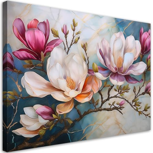 Feeby Leinwandbilder - Deko Bilder - Magnolien Bunte Blumen Marmor - Canvas 120x80 cm XXL 1tlg- Wandbilder Schlafzimmer - Aesthetic Room Decor - Modern Wanddeko - Bild auf Leinwand - Fertig Gespannd