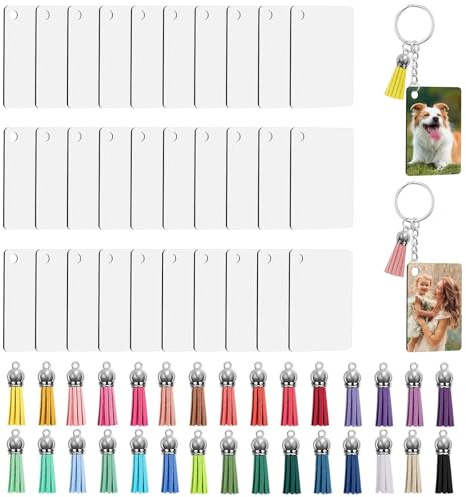 ANBOWEI 120 Stück Sublimation Schlüsselanhänger Rohlinge Set | Inkl. Wärmeübertragungs MDF Rechteckig Blanko, Schlüsselring mit Kette, Quasten Anhänger für DIY Personalisiert Basteln
