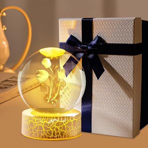 GZWY 3D Kristallkugel Nachtlicht, 6cm Frühlingsdeko Tulpen Kristallkugel Nachtlicht mit LED Licht, USB LED Ball Lampe mit Holzsockel, Geschenk für Frauen, Muttertag, Weihnachten (A)
