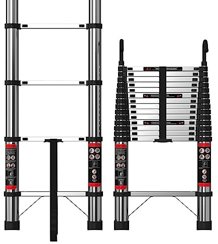 16.4FT Stainless Steel Ladder with Hooks, 5M FT Telescope Ladder with Safety Lock, Anti-slip Thickened Stainless Steel, 330lbs load, Portable Folding Ladders for Home and Construction Use