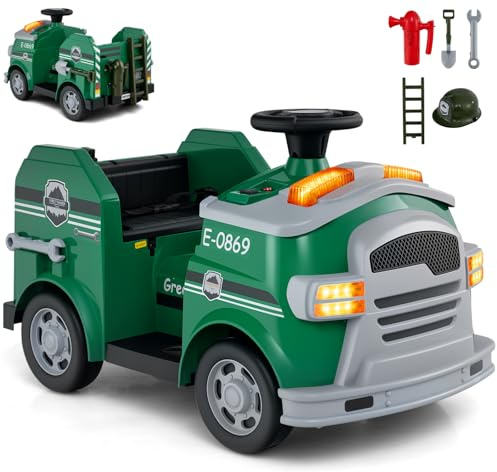 GYMAX Kids Ride on Fire Engine, 12V Children Electric Car with Music, Horn, Lights and Firefighting Toys, Battery Powered Toy Car for 3 Years Old+ (Green)