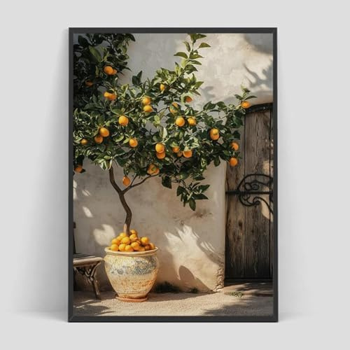 BPJSTU Italienischer Zitronen-Orangen-Olivenbaum, Retro-Landschaftsposter mit mediterraner griechischer Landschaft, Bild auf der Wand, Gemälde, Leinwand, Dekoration, 70 x 110 cm, rahmenlos