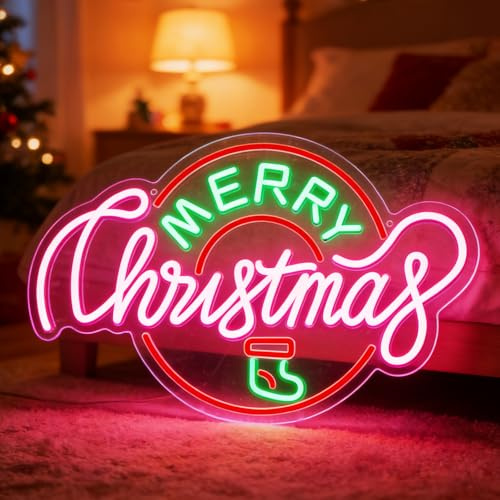 Letrero de neón de Feliz Navidad, luz LED de Navidad con interruptor regulable, decoración de pared festiva para el hogar, tienda, porche, fiesta, regalo festivo único para la familia (alimentado por