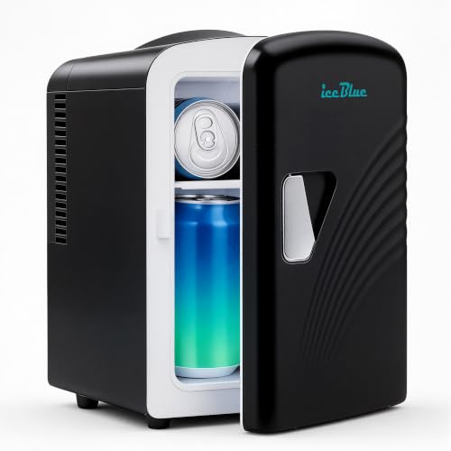 Iceblue Mini Fridge, 4 Liter /6 Cans Makeup Fridge with Retro Wavy (Black) | Compact Mini Skincare Fridge for Beauty & Beverages, Dual-use Portable Cosmetic Fridge for Bedroom, Office, Home, Car, Gift