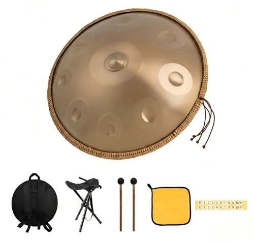 Handpan Tambor 22 Pulgadas, 9 Notas Re Kurd 440Hz, Oro, Acero Aleado, Set