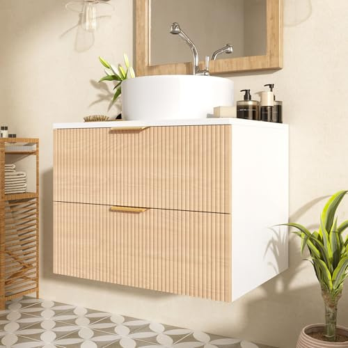 Mueble de baño montado en la pared de 60 cm con lavabo redondo de cerámica, cajones de aspecto de madera, diseño de rayas simples, tablero MDF de alta calidad, gran capacidad de almacenamiento: 2