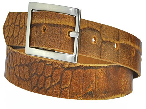 Dayneq 4cm Breit Echt Leder Guertel mit 4 Eckiger Schnalle Kroko-Hell-Braun 115cm Bundweit