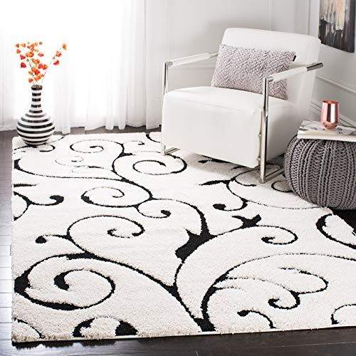 SAFAVIEH Zottelig Teppich für Wohnzimmer, Esszimmer, Schlafzimmer - Florida Shag Collection, Hoher Flor, Elfenbein und Schwarz, 99 X 160 cm