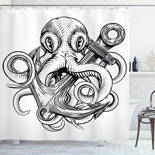 ABAKUHAUS Unterwasser- Duschvorhang, Octopus-Schiffs-Skizze, Stoffliches Gewebe Badezimmerdekorationsset mit Haken, 175 x 220 cm, Weiß Schwarz