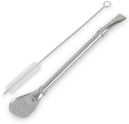 Delicatino - Bombilla aus Edelstahl Farbe silber 19 cm (hochglanzpoliert, mit Reinigungsbürste), Mate Tee Bombilla, Mate Tee Sieb Trinkhalm in Löffelform, Yerba Mate Tee, Mate Tee