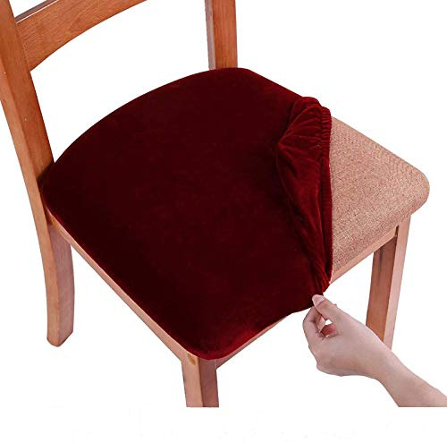 smiry Stretch Chair Seat Covers for Dining Room, Velvet Dining Chair Seat Protectors Chair Slipcovers, Set of 4, Wine Red