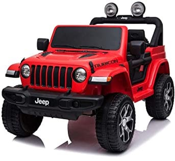 Auto elettrica per bambini, Wrangler, rosso, doppio sedile in pelle, radio con ingresso Bluetooth e USB, unità 4x4, Batteria al litio, ruote EVA telecomando da 2,4 GHz