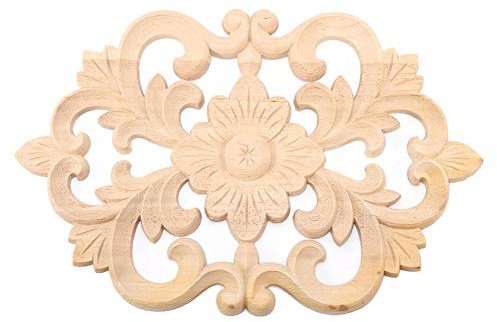 MAGT Möbel Applique, 1 Stück Europäischen Stil Tür Holzapplikationen Gummi Holz Unlackiert Hause Türschrank Dekoration Holz Onlay(30 * 19CM)